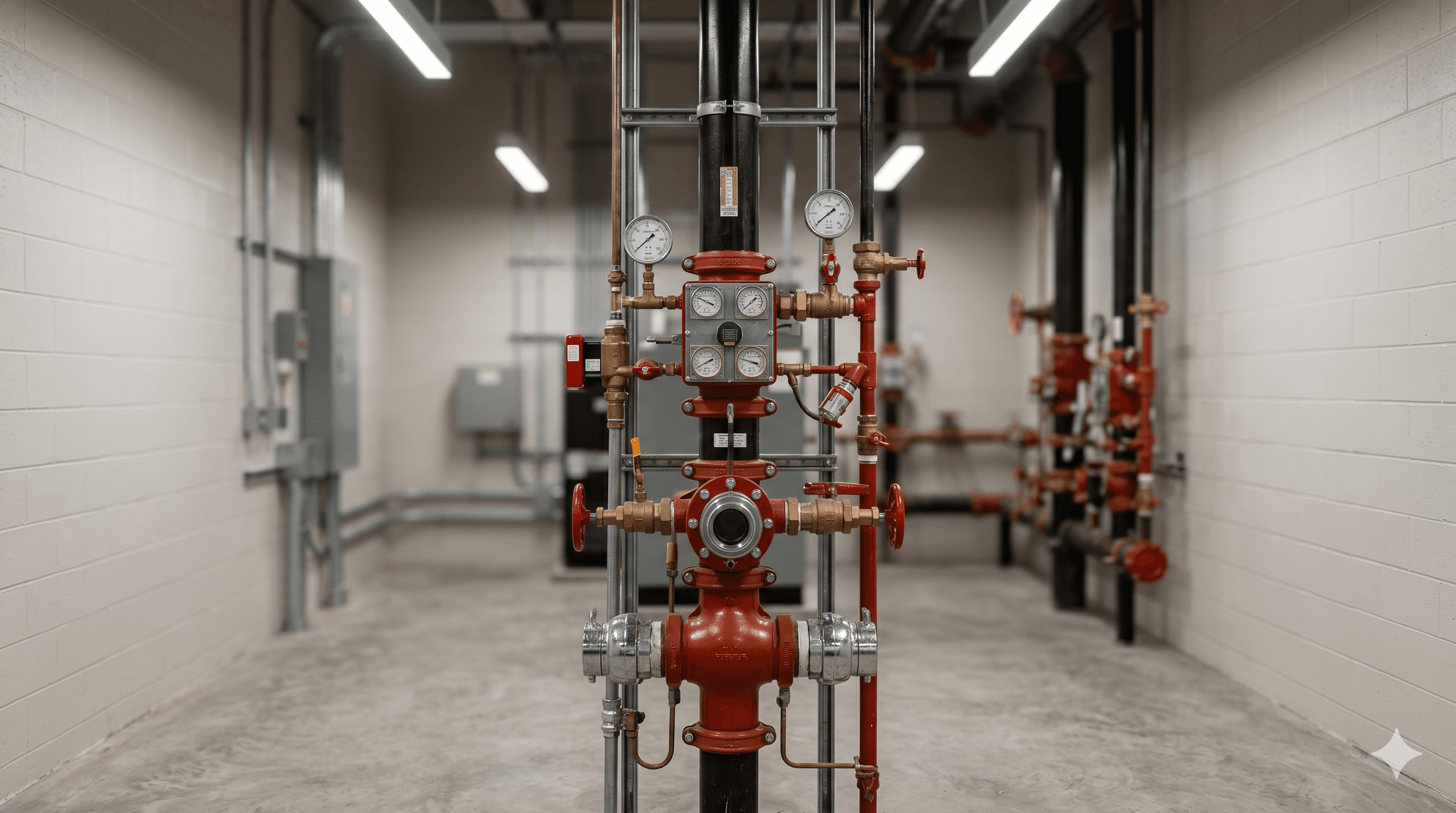 Fire sprinkler riser room in a commercial building